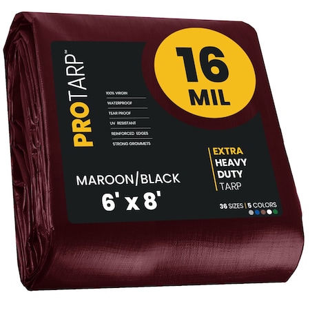 Protarp Heavy Duty Tarp, 6 ft x 8 ft, 16 Mil, Maroon, Polyethylene PT-107-6X8